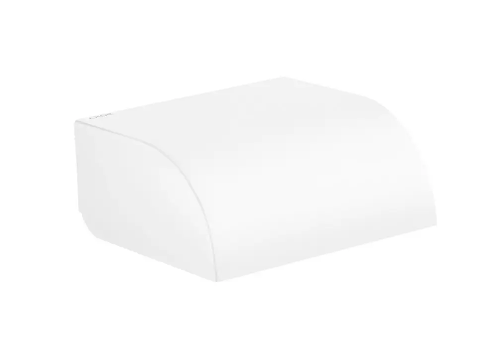 Toilettenpapierhalter von AXOR in mattem Weiß mit geschwungener Form und abdeckendem Deckel, geeignet zur Wandmontage in Badezimmern.